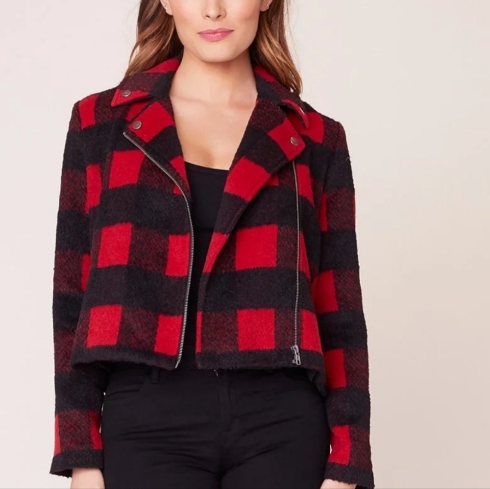 JACK by BB Dakota Buffalo Plaid Moto Jacket. Red/Black. Size XS